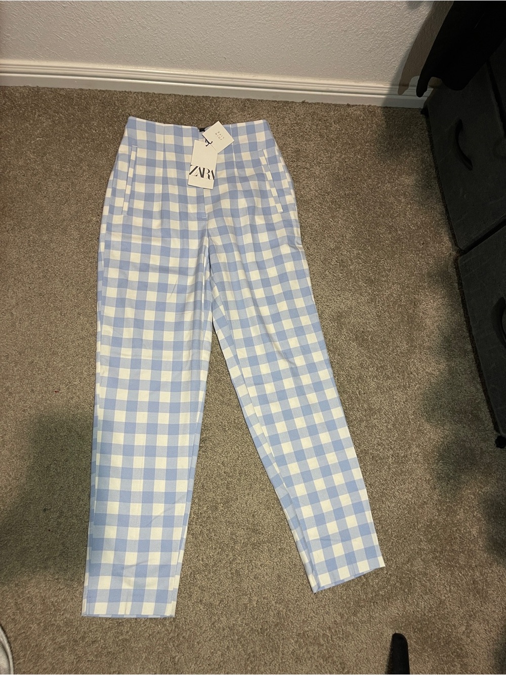 ZARA Light Blue & White Gingham Straight-Leg Pants